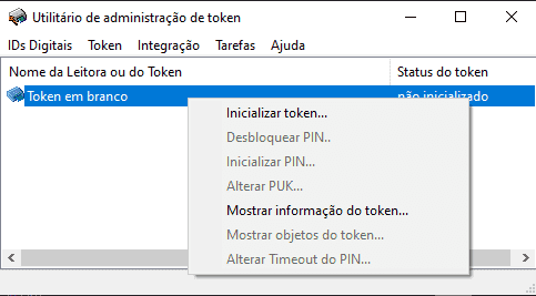 Clique em Token em branco e em Inicializar Token